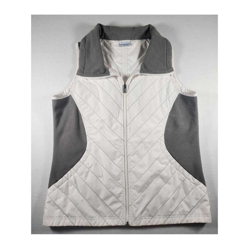 Columbia Womens Quilted Fleece‎ Trim Full Zip Vest Cream Grey Large Chevron Warm